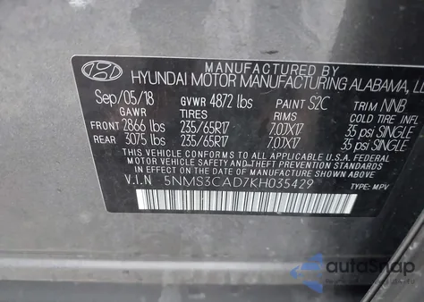 2019 Hyundai Santa Fe Sel из США, поврежденный, VIN 5NMS3CAD7KH035429